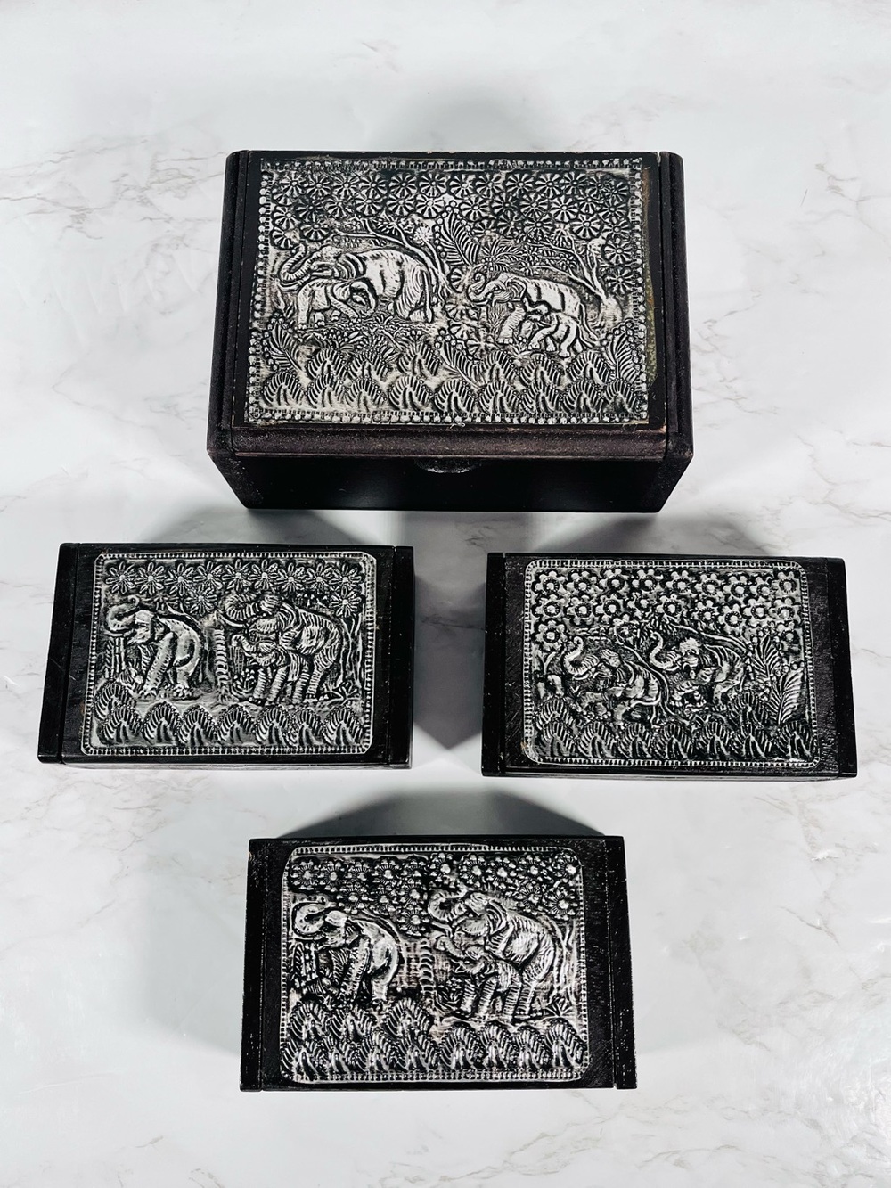 4 Vintage Thai Teak Wood and Silver Trinkets Boxes